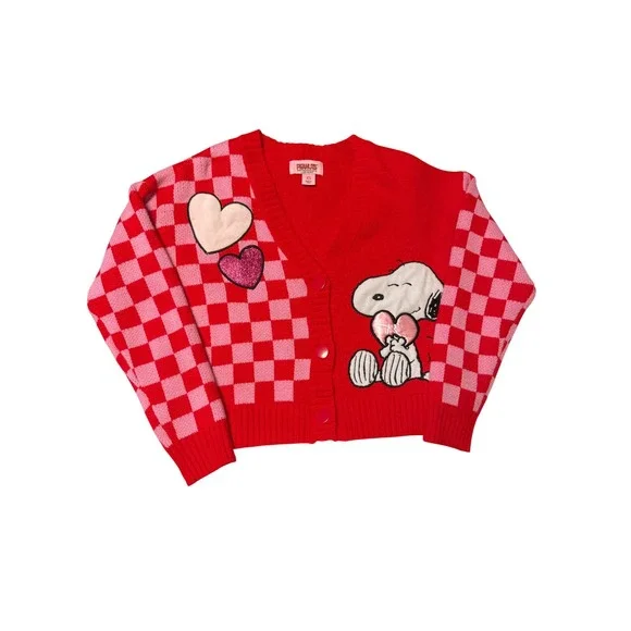 Peanuts Snoopy Red Pink Checkered Heart Cardigan Sweater Womens XS Valentine Day - Picture 1 of 3